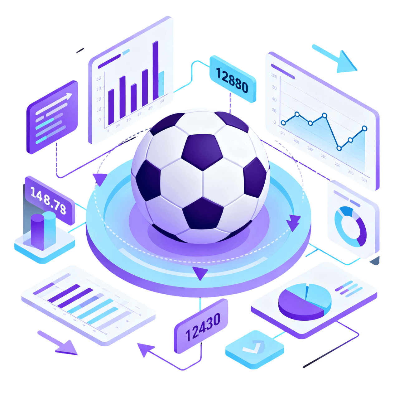 GoalOverflow AI football predictions banner: isometric 3D soccer ball with exploding stats graphs, data analytics holograms, and betting insights visualization in violet-blue tones – accurate match forecasts from thousands of data points for Premier League, La Liga, Serie A, Bundesliga